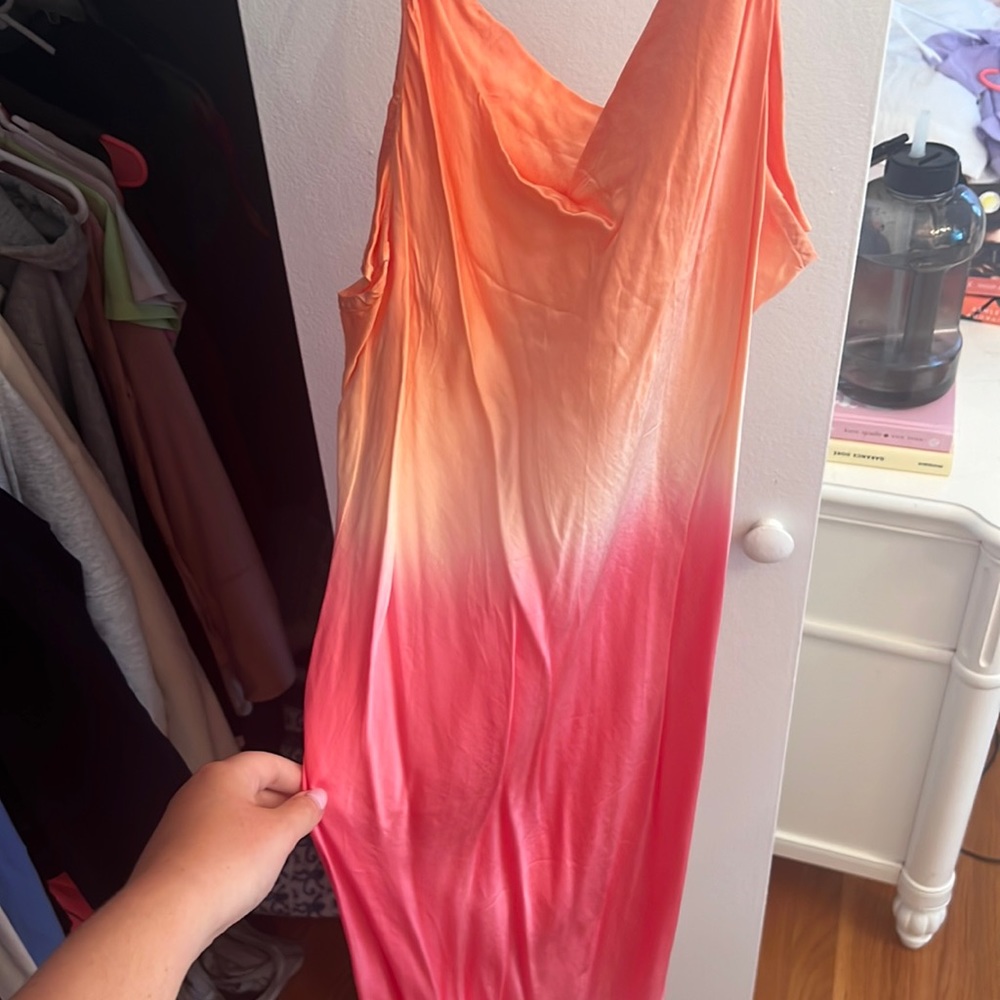 YFB revolve orange, white, and pink cut midi dress